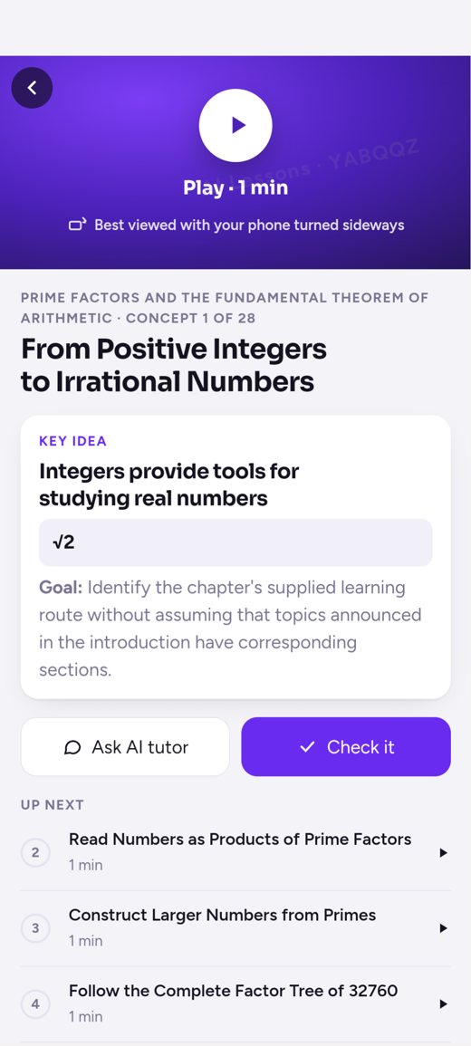 The lesson screen in the Student app, with Ask AI tutor and Check it buttons under the video
