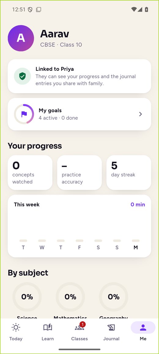 The Me screen in the Student app, showing the linked parent and the student’s progress