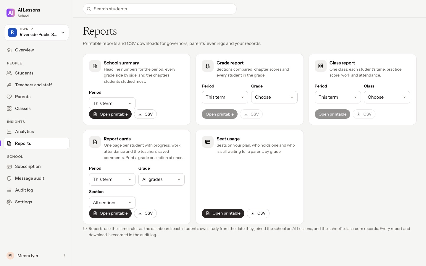 Reports: school summary, grade and class reports, report cards and seat usage, printable or as CSV