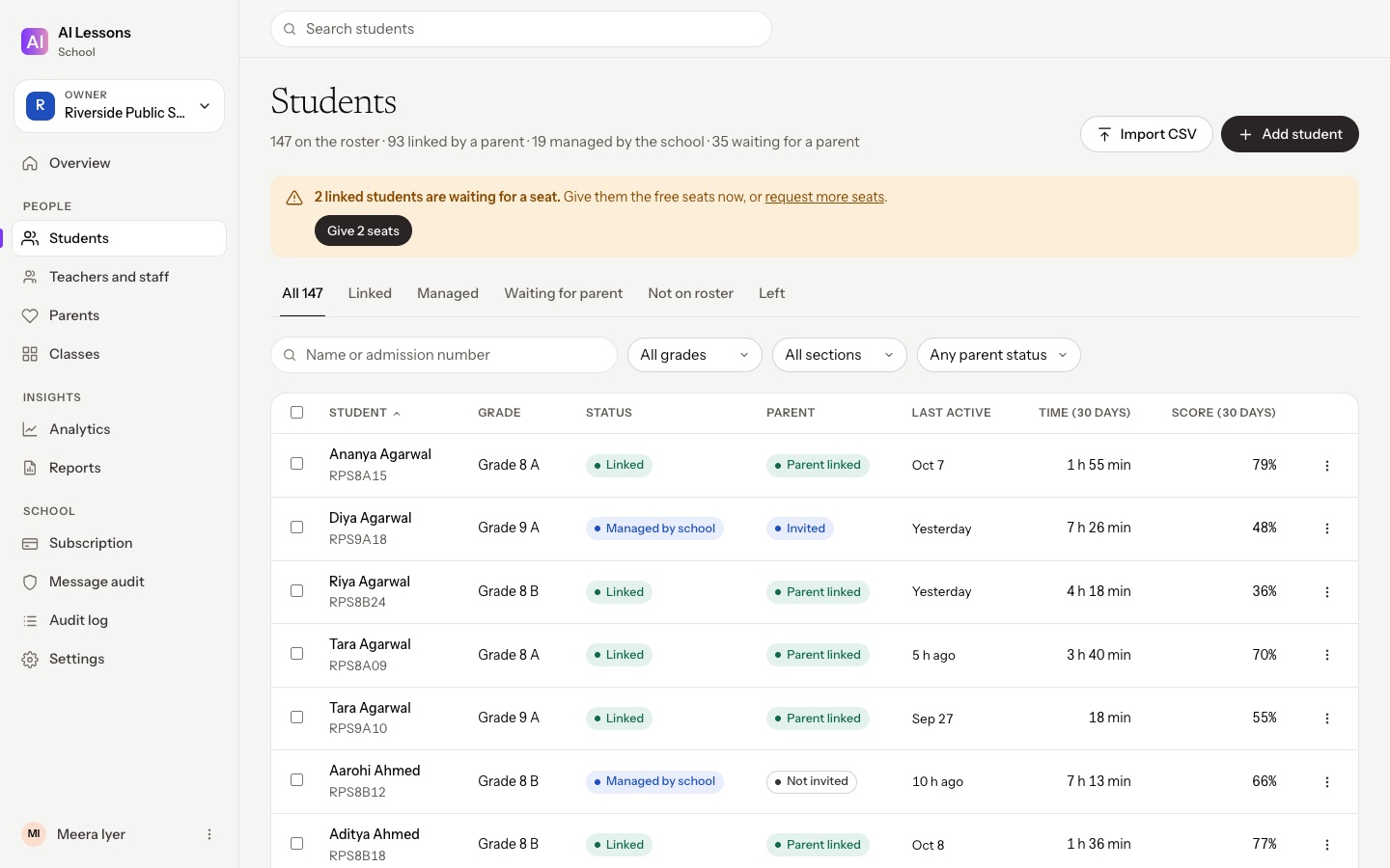 The students list with roster import, linked and waiting-for-parent statuses and parent invites