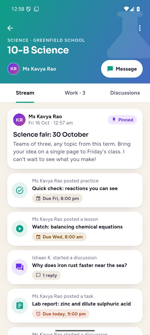 A class stream in the Student app with a pinned announcement and work set by the teacher