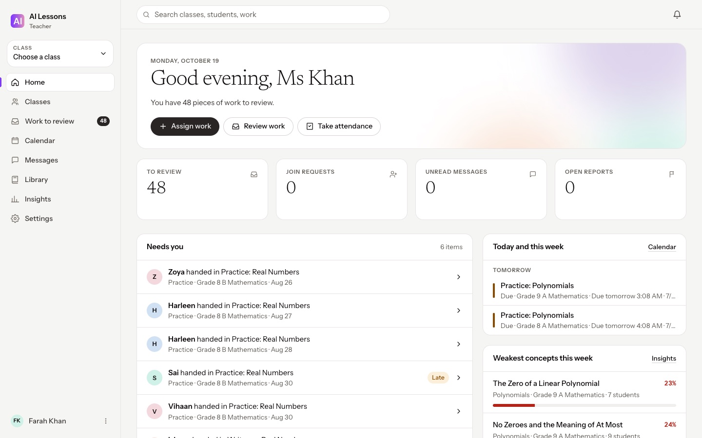 The Teacher web app home: work to review, join requests, classes and the week ahead