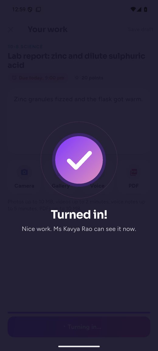 Turned in